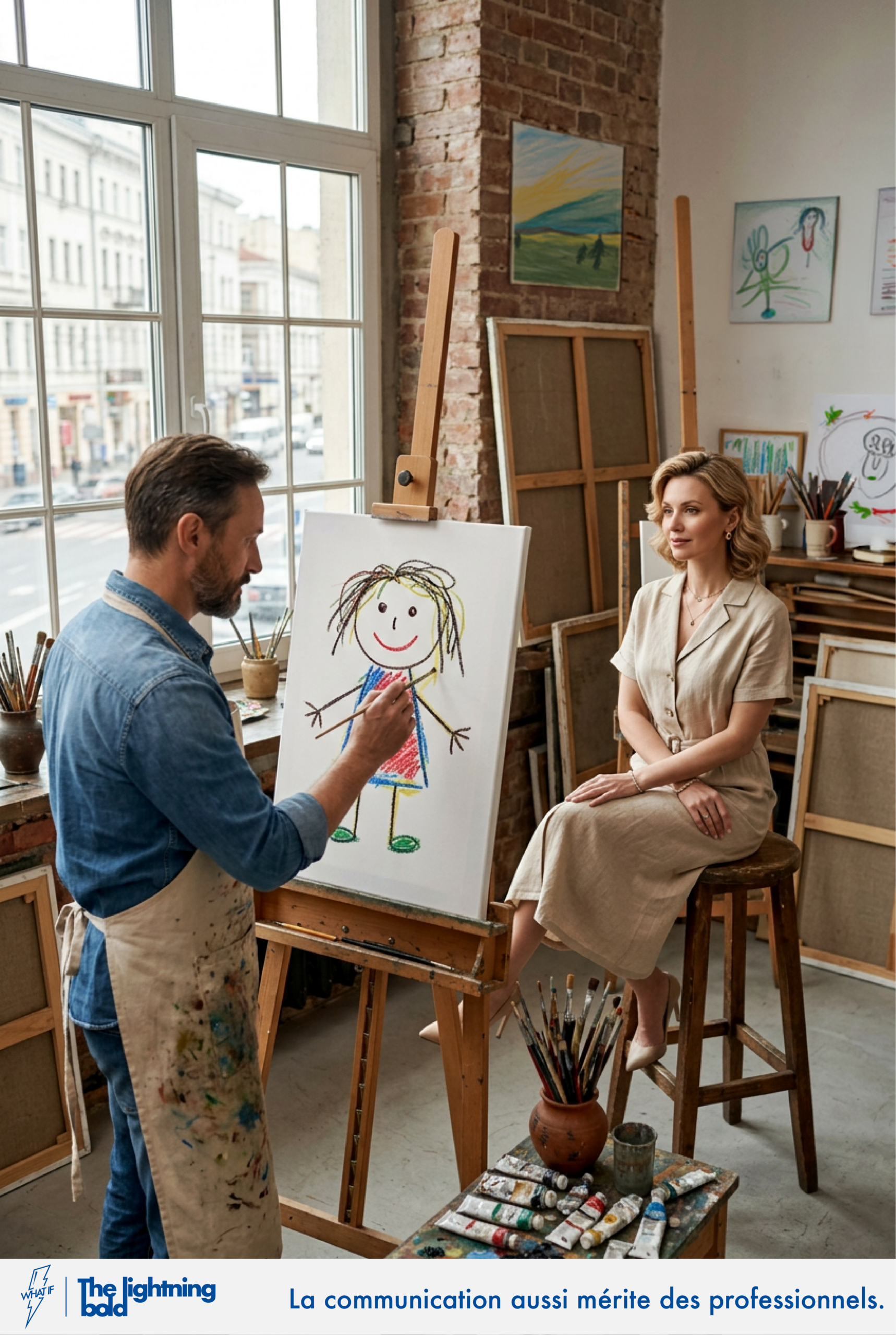 Peintre réalisant le portrait d’une personne dans un atelier d’artiste, mais la toile montre un dessin naïf ressemblant à un dessin d’enfant.